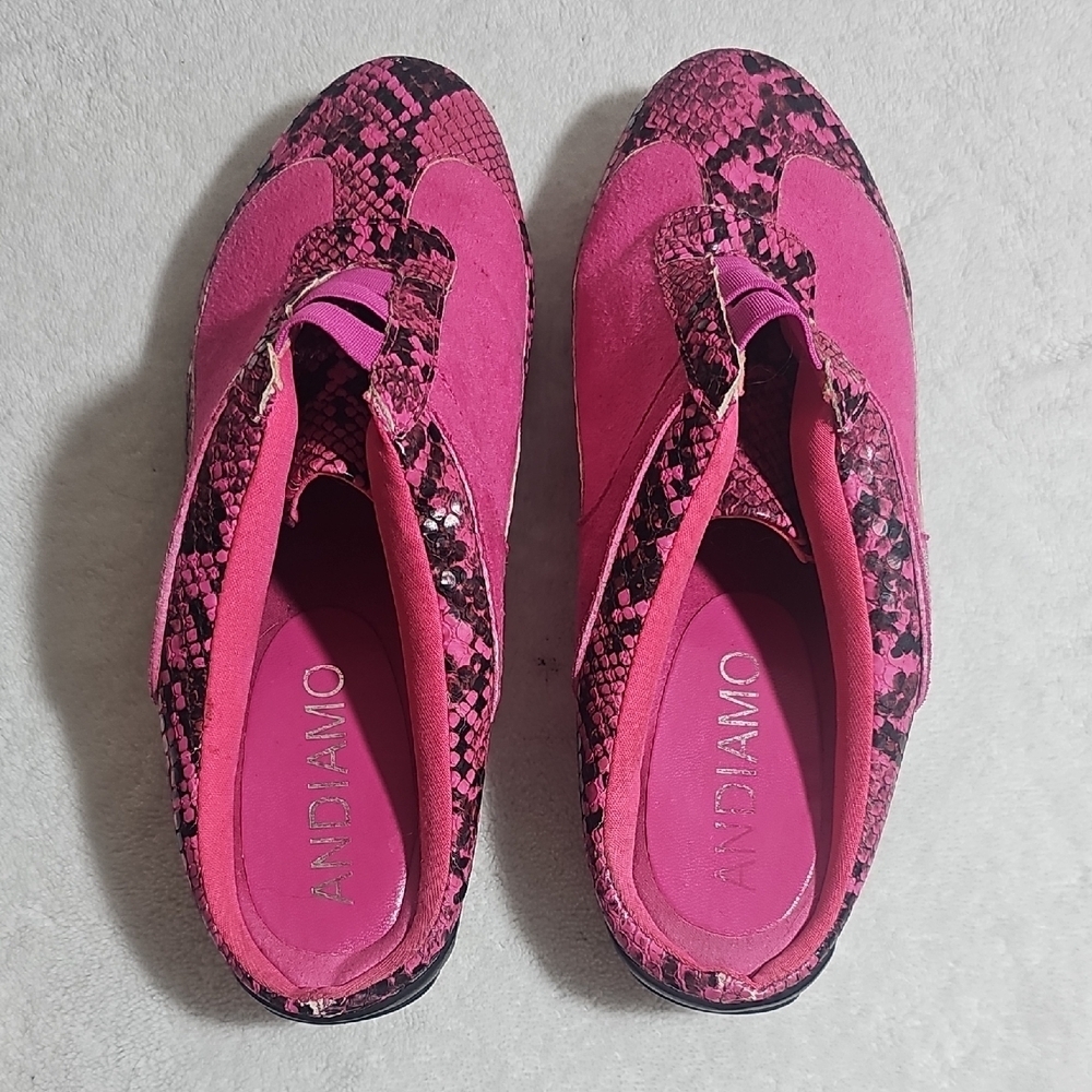 Andiamo Pink Snake Print Rhinestone Women's Mules Size 6 Festive Feminine